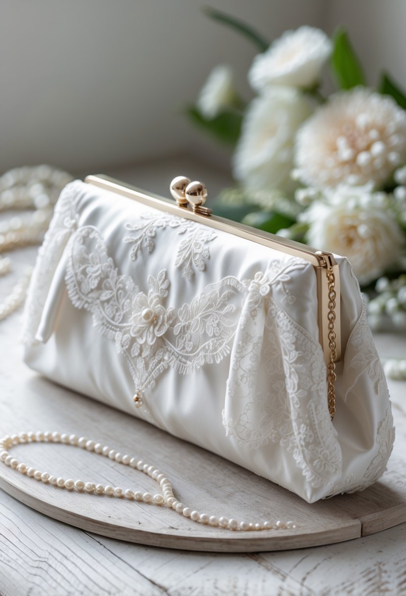 A custom clutch purse made from white wedding dress fabric resting on a wooden surface with blurred flowers and a pearl necklace in the background.