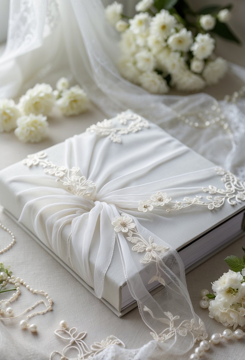 A photo album wrapped in white wedding dress fabric with lace details, placed on a light surface with small white flowers and pearls nearby.