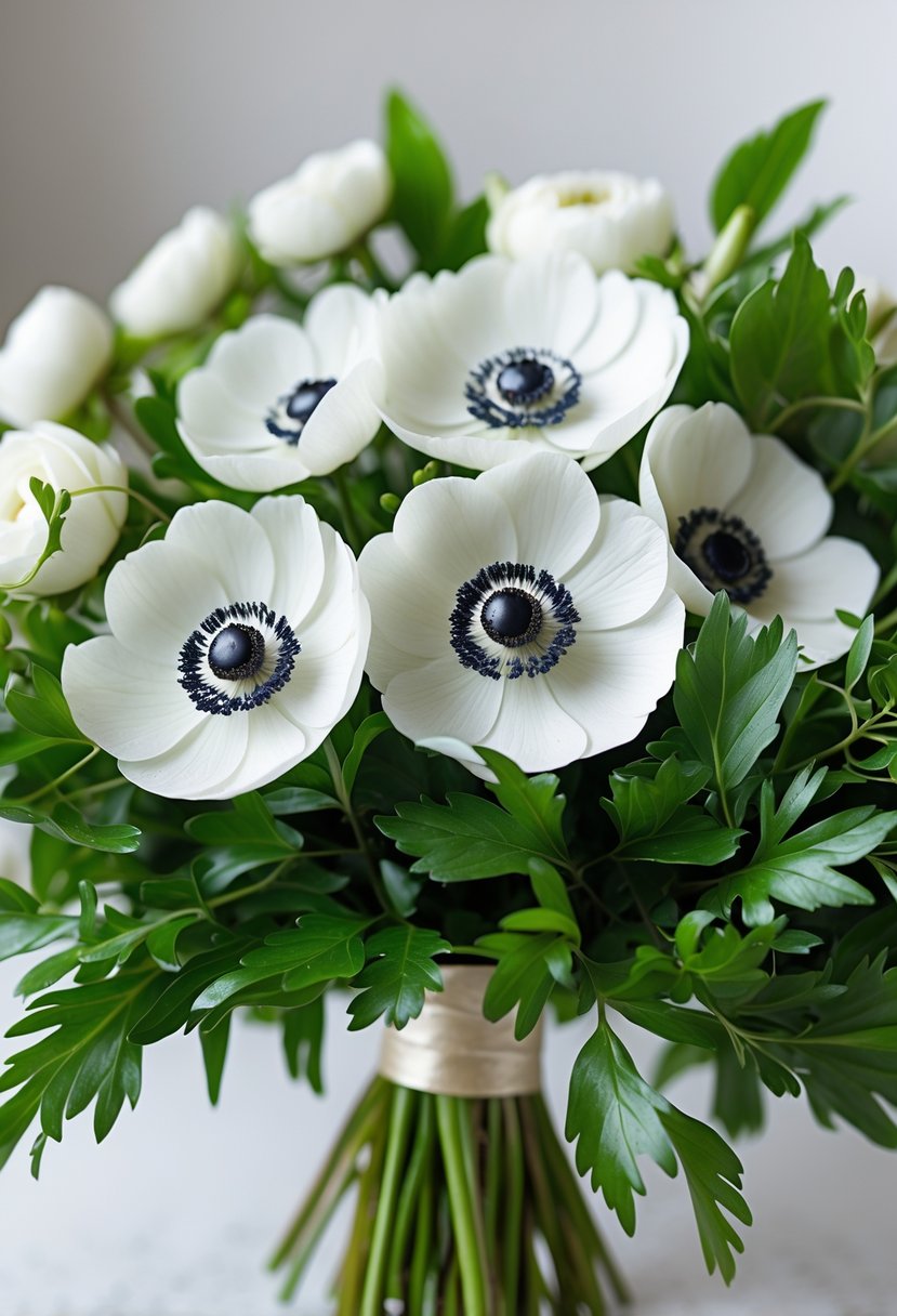A small wedding bouquet of white anemone flowers with green leaves.