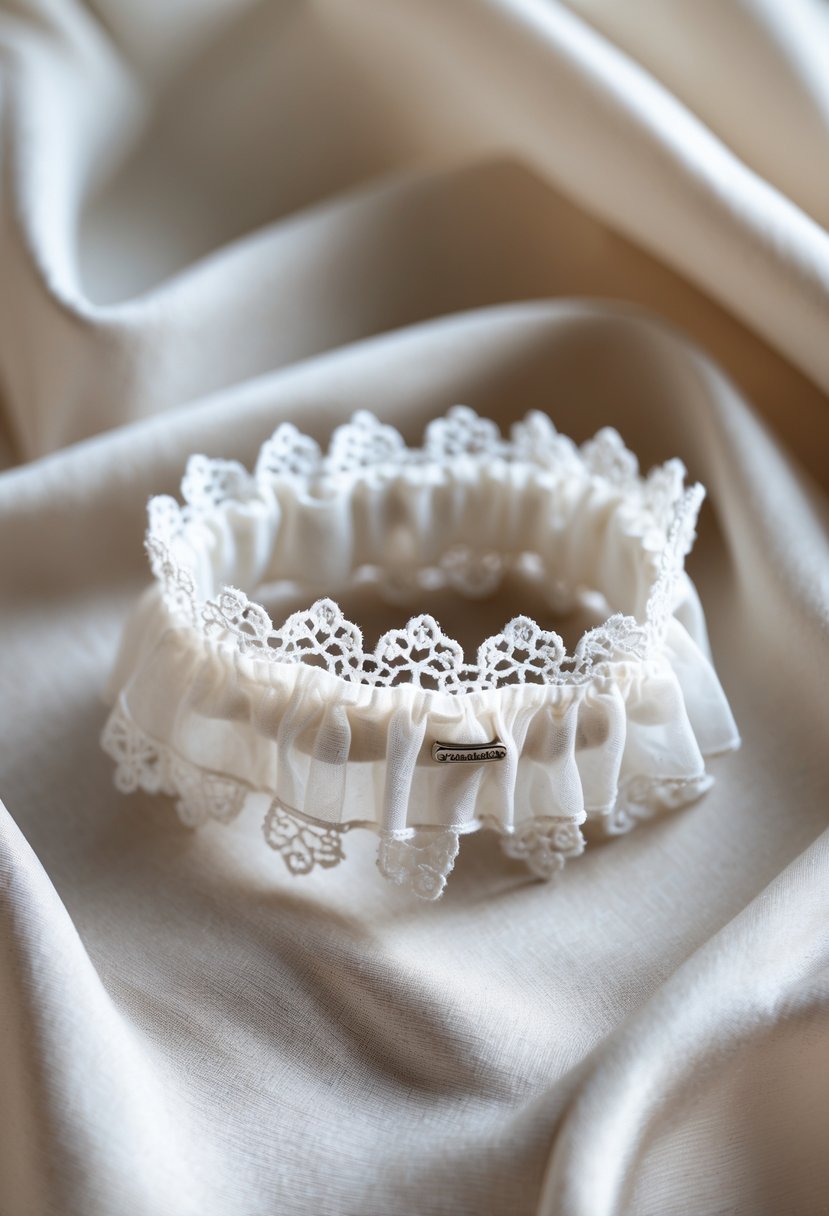 A handmade wedding garter with white lace overlay placed on a soft fabric background.