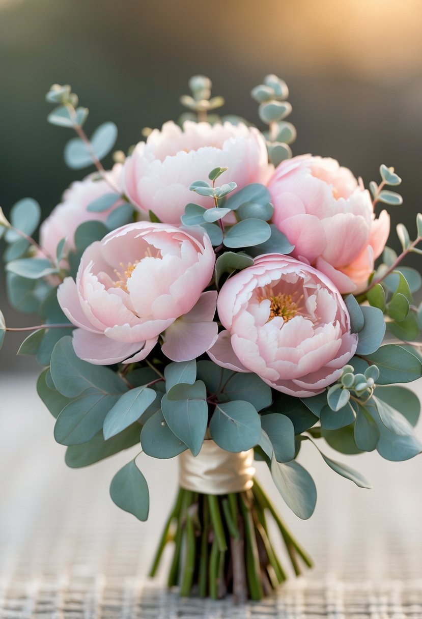 A small wedding bouquet of pink peonies and eucalyptus leaves on a blurred background.