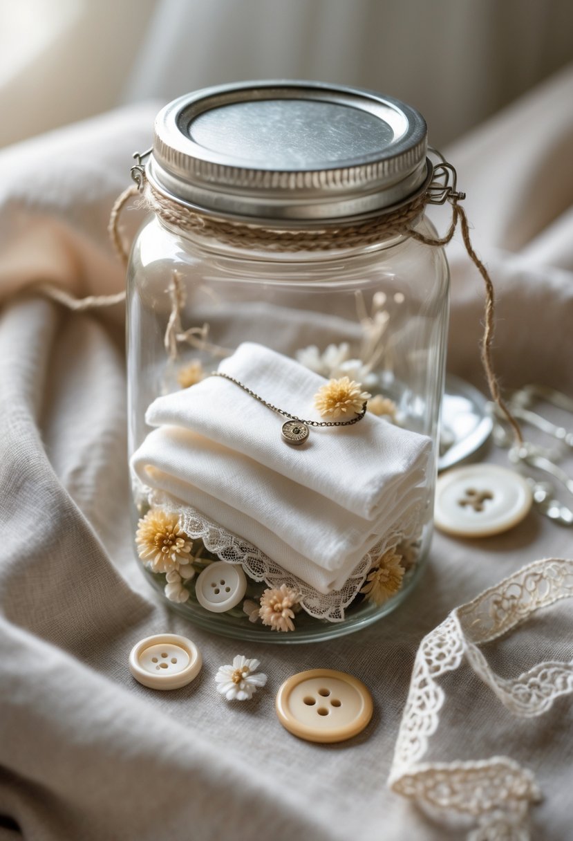A clear glass jar containing a wedding dress fabric swatch and small keepsakes like buttons and dried flowers on a soft fabric surface.
