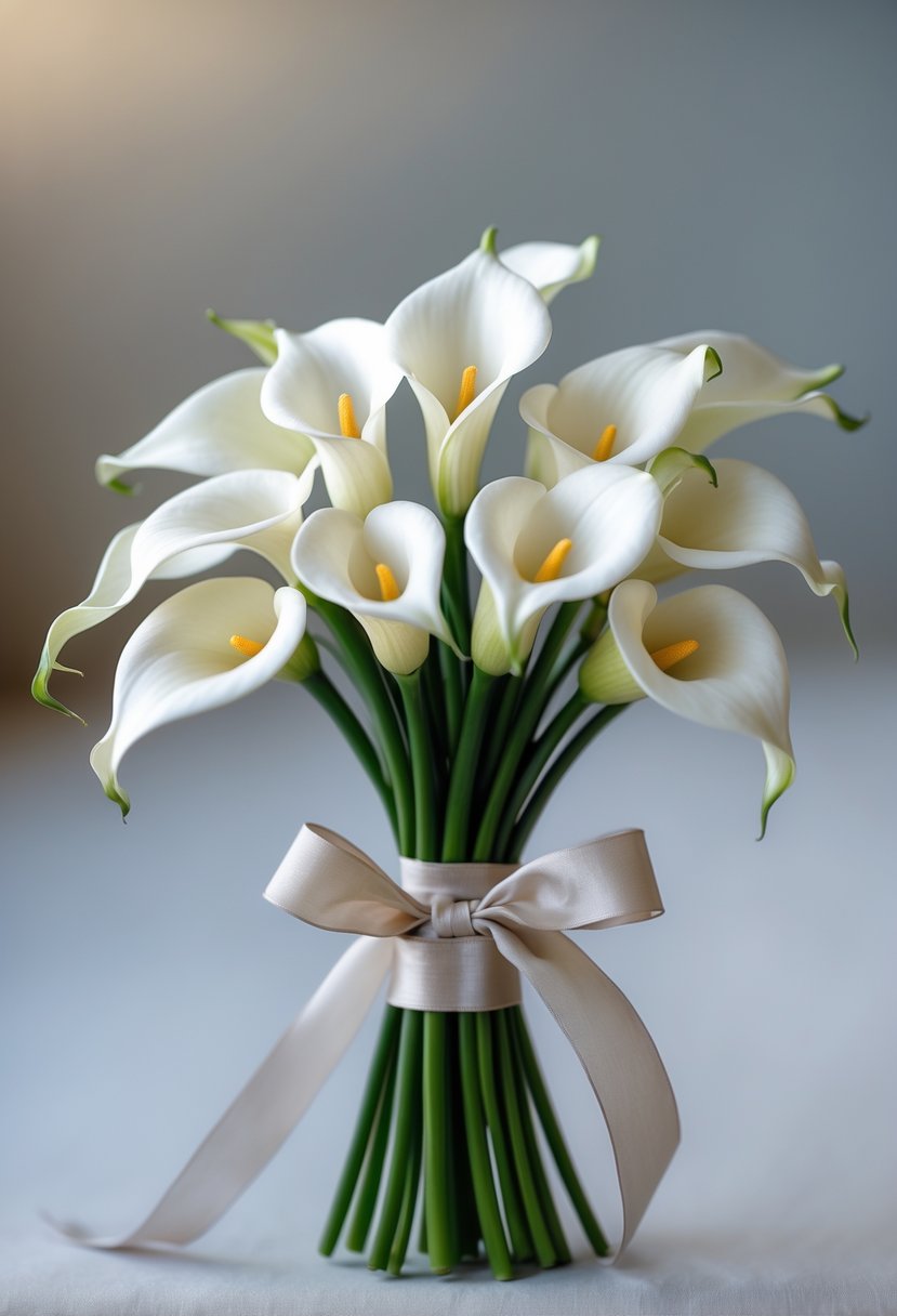 A small bouquet of white calla lilies tied with a ribbon against a blurred background.