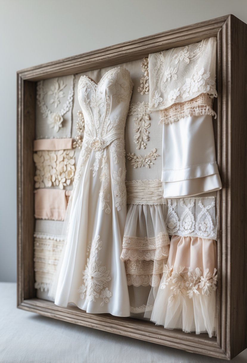 A framed collage of fabric pieces from a wedding dress, displayed on a neutral background.