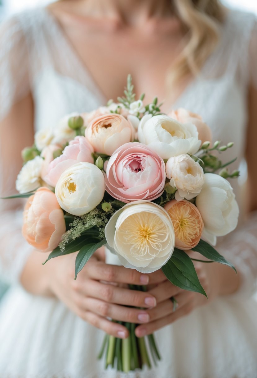 A small wedding bouquet made of ranunculus and peony flowers in soft pastel colors held by hands against a blurred background.