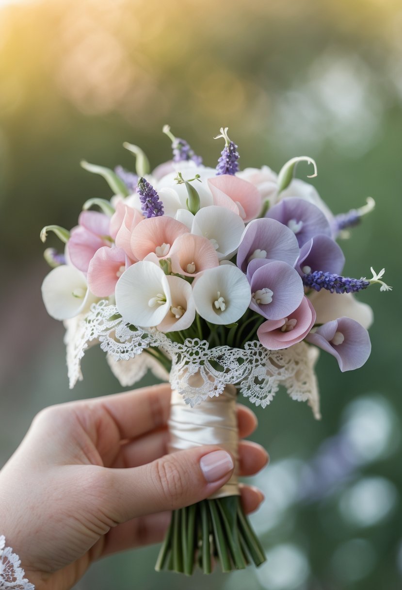A small wedding bouquet of sweet pea flowers wrapped in lace held in one hand.