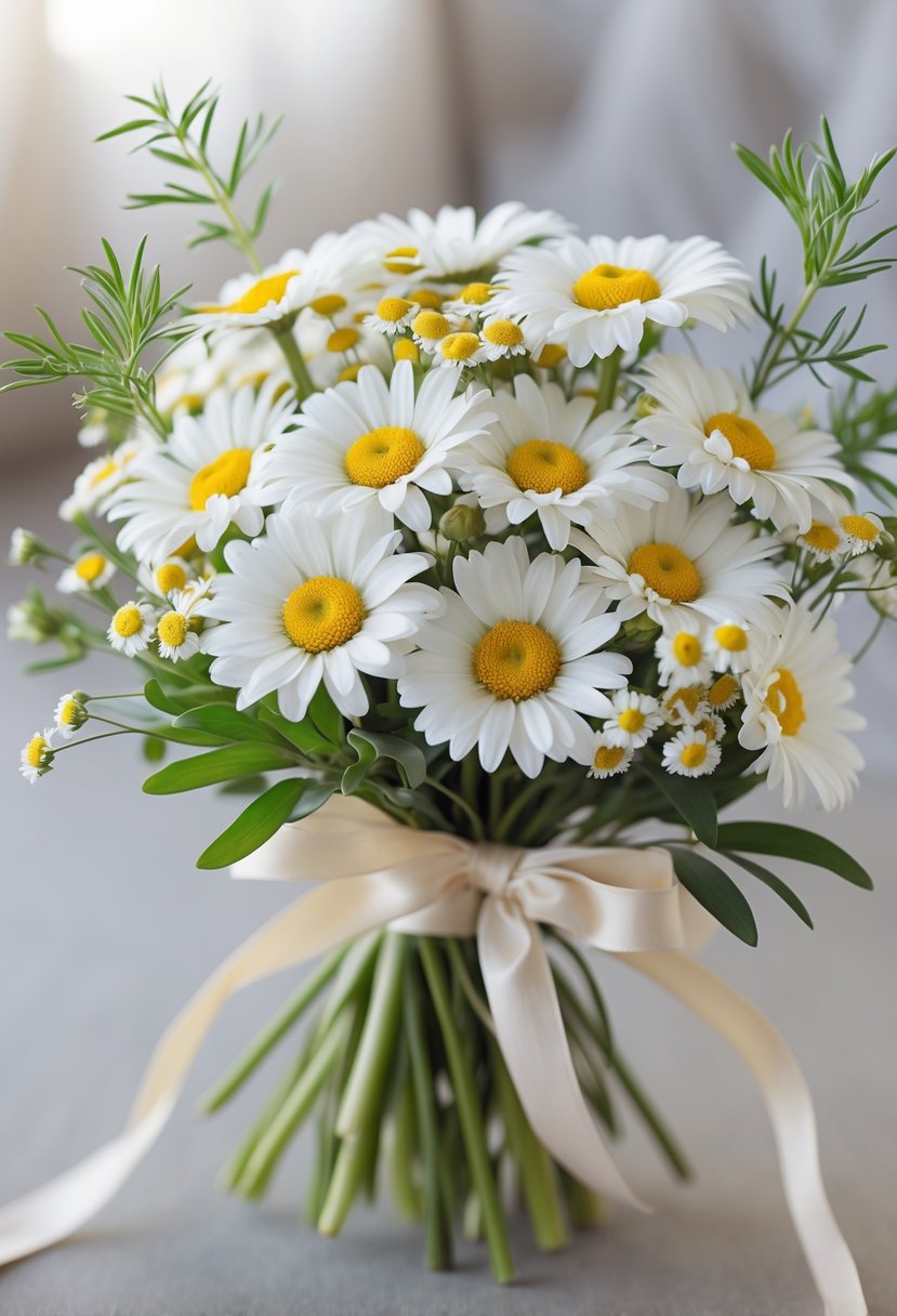 A small wedding bouquet made of white daisies and chamomile flowers with green leaves.