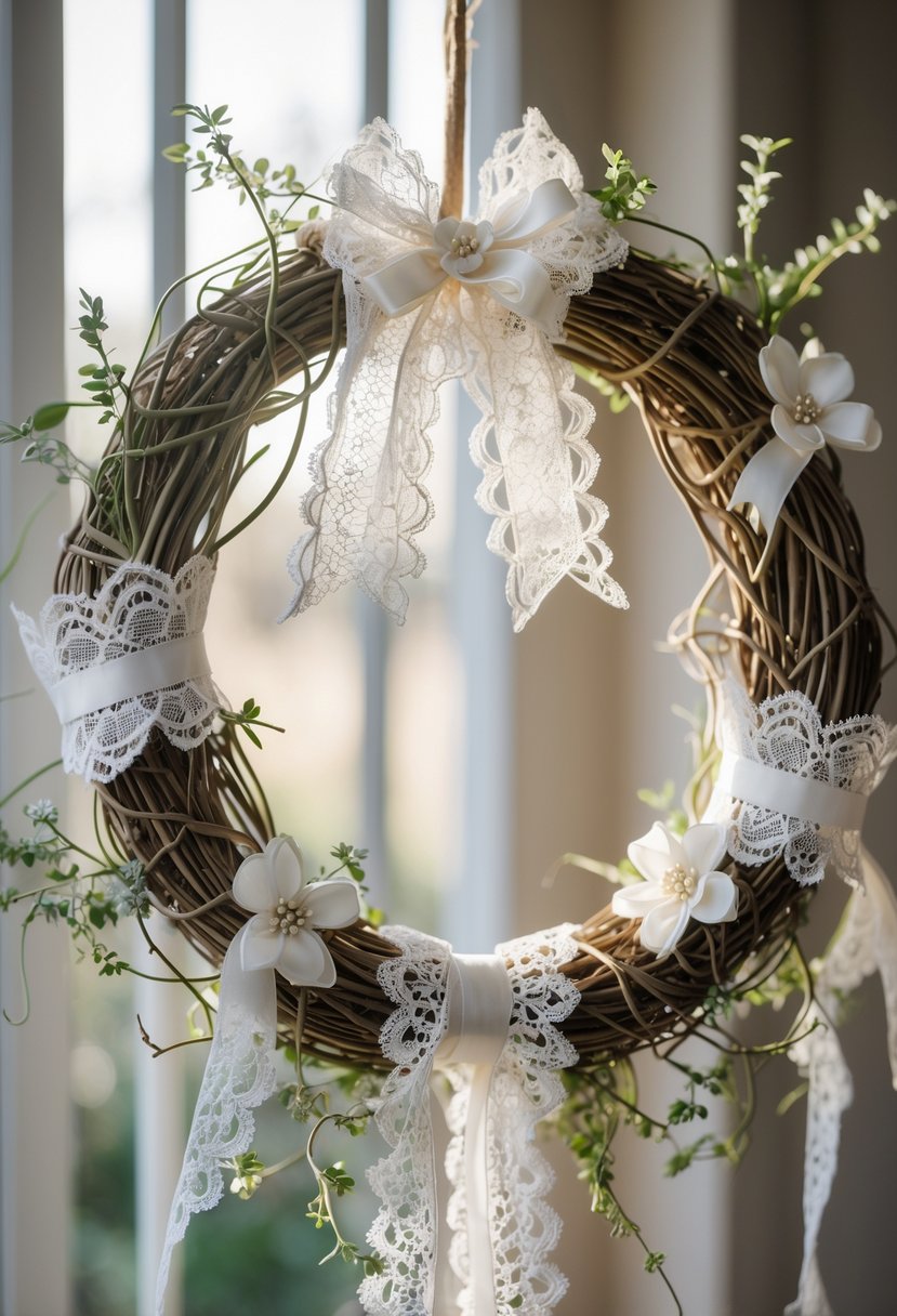 An ornamental wreath decorated with lace and small flowers on a soft blurred background.