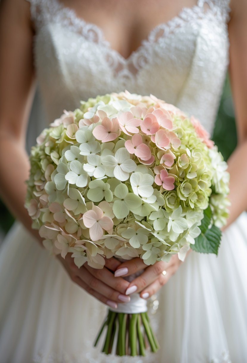 A small round bouquet of mini hydrangea flowers in soft pastel colors held by a bride in a white dress.