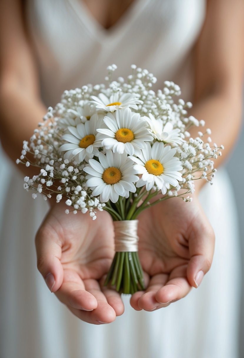 A small bouquet of white daisies and baby's breath flowers held in hands against a blurred background.