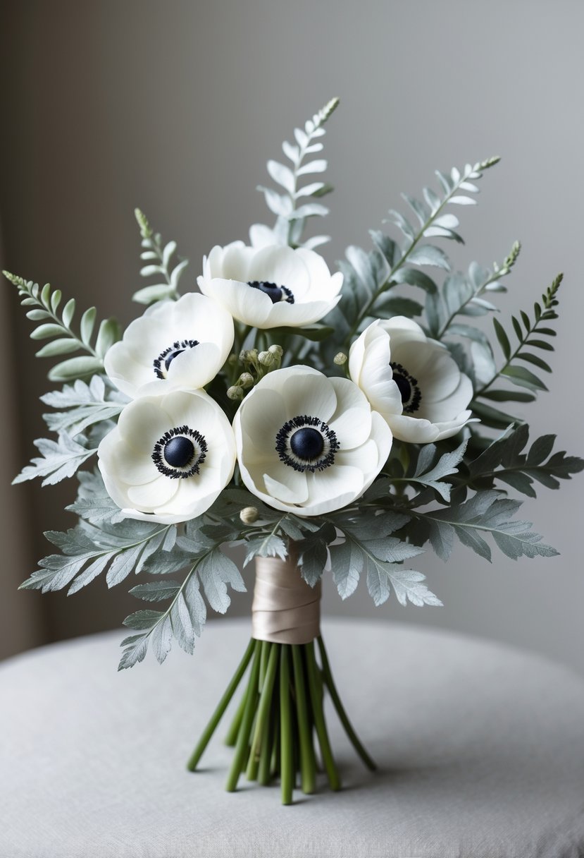 A small wedding bouquet with white anemone flowers and dusty miller leaves on a neutral background.