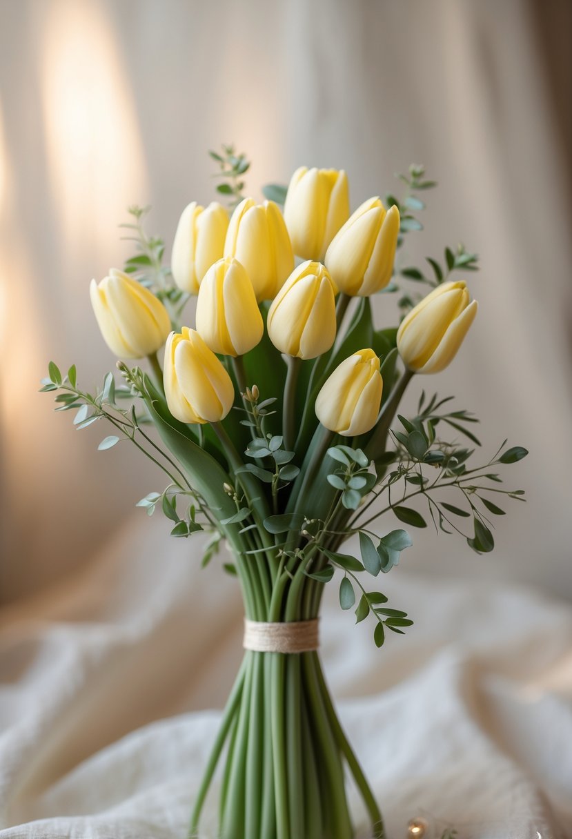 A small bouquet of soft yellow tulips with green leaves on a blurred warm background.