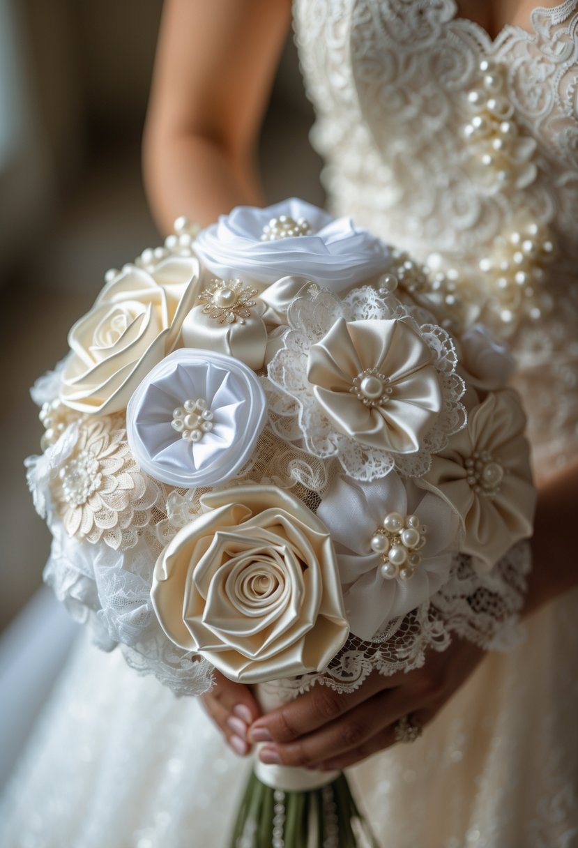 Close-up of a fabric flower bouquet made from wedding dress material held in hands.
