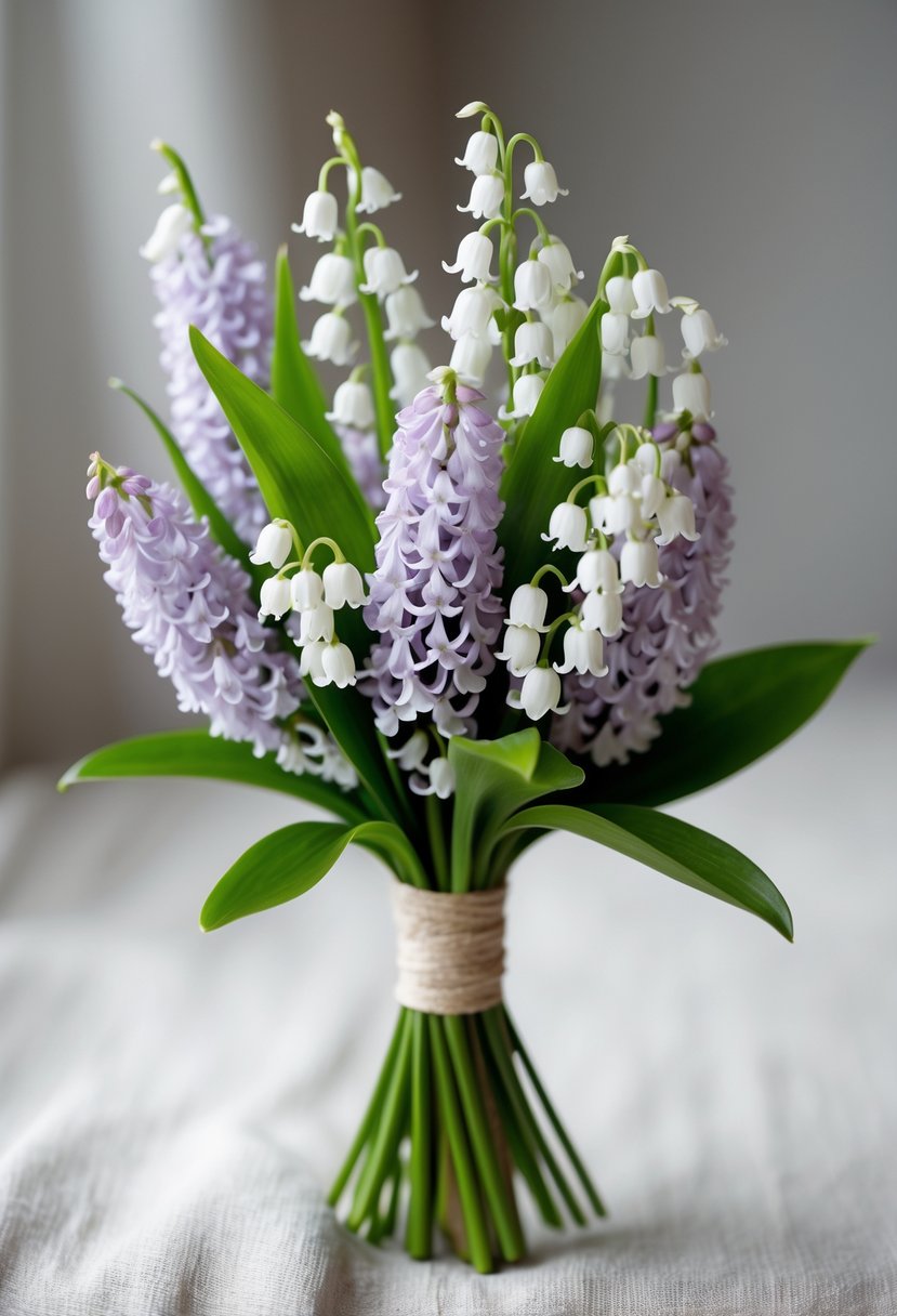 A small wedding bouquet made of hyacinth and lily of the valley flowers with green leaves on a neutral background.