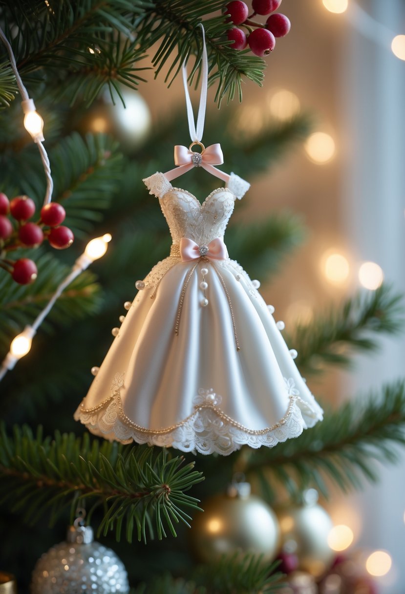 A miniature wedding dress Christmas ornament hanging on a decorated Christmas tree branch with lights and red berries.