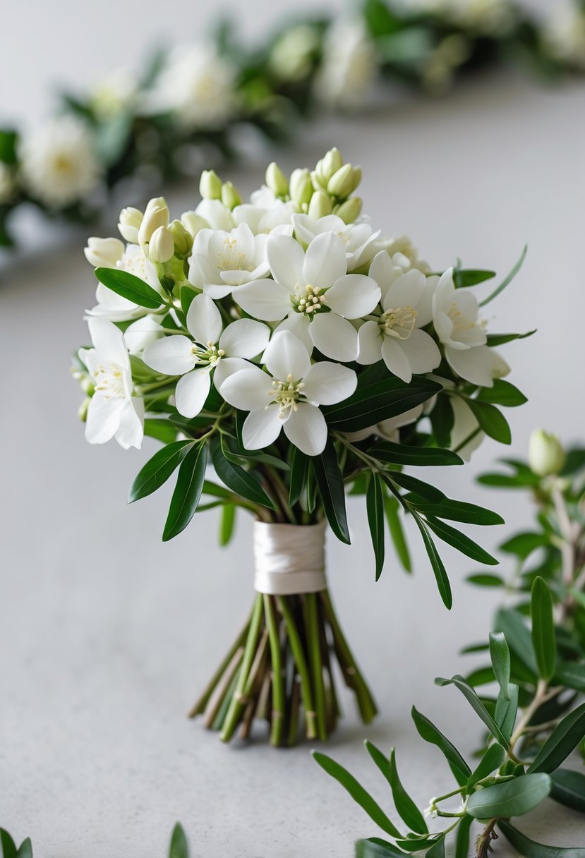 A small wedding bouquet made of white jasmine flowers and green myrtle leaves.