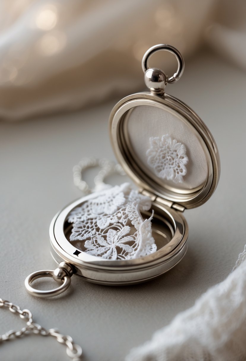 Close-up of an open silver locket containing a small piece of white lace fabric from a wedding dress.