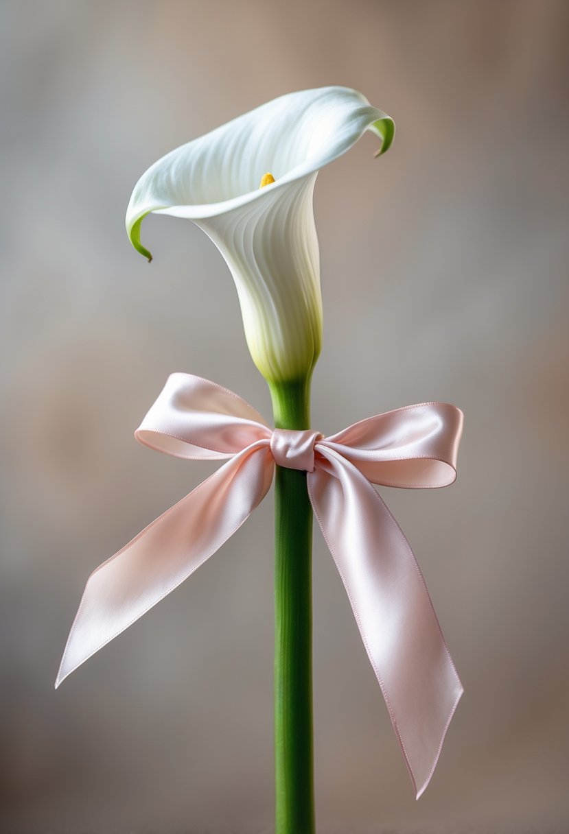 A single white calla lily stem wrapped with a pale pink ribbon on a blurred neutral background.