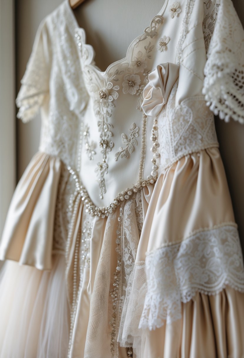 A patchwork wall hanging made from pieces of wedding dresses displayed on a neutral background.