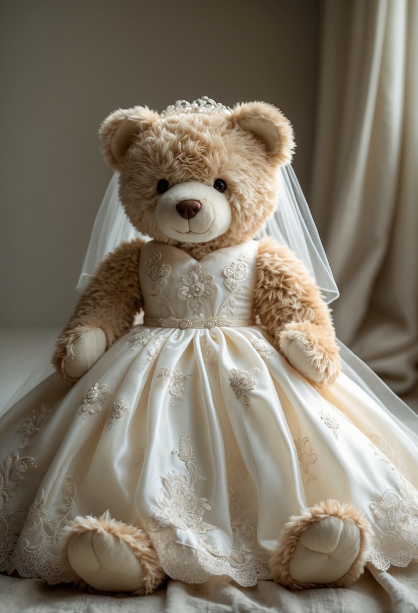 A soft teddy bear dressed in a detailed wedding gown sitting on a plain background.