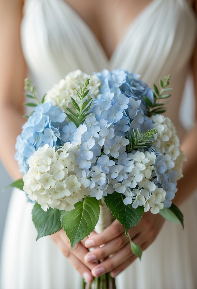 A small wedding bouquet made of light blue and white mini hydrangea flowers with green leaves held by hands.