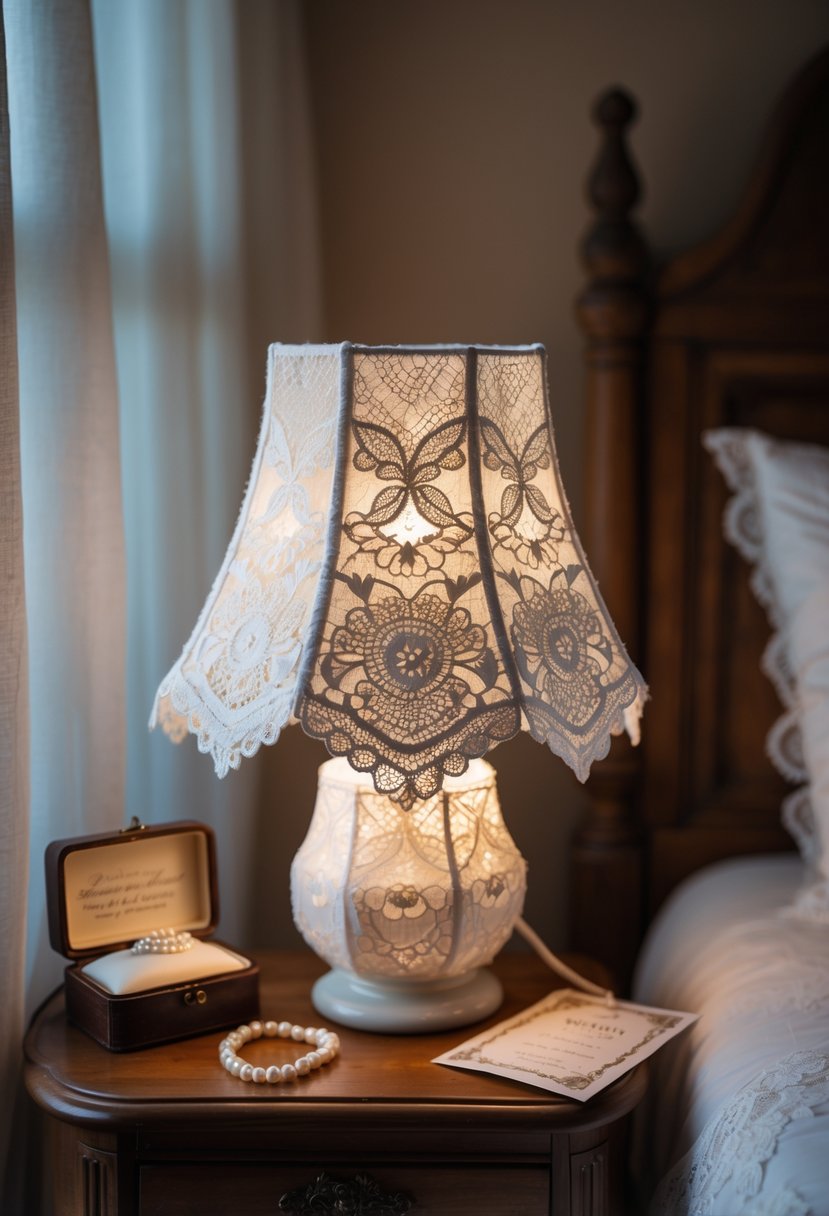 A lace-covered lampshade on a bedside table surrounded by wedding keepsake items.