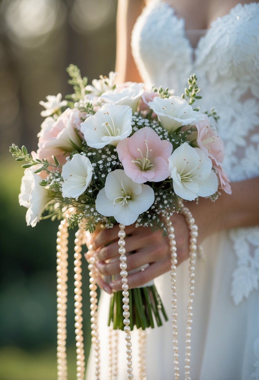 A small wedding bouquet of white and pale pink lisianthus flowers with pearls, held by a bride in a white dress.