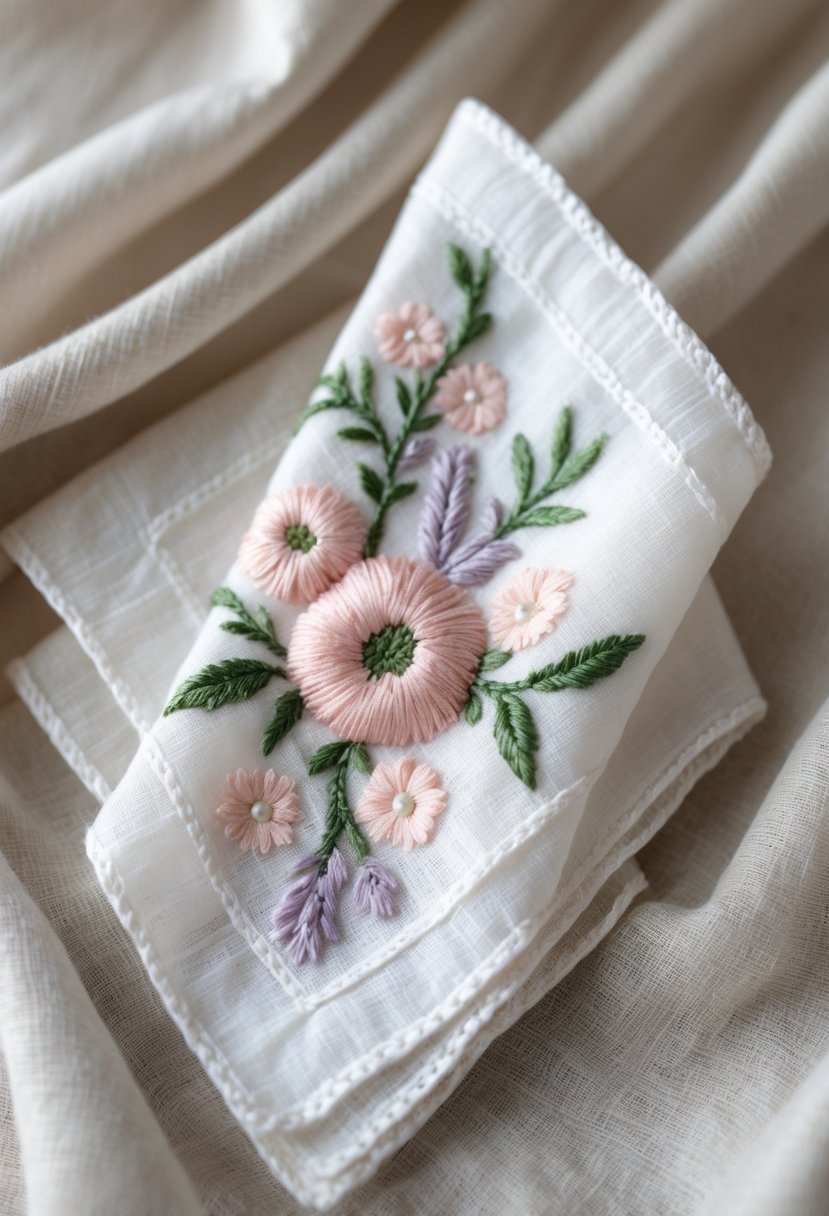 A folded white embroidered handkerchief with floral patterns placed on a soft fabric background.