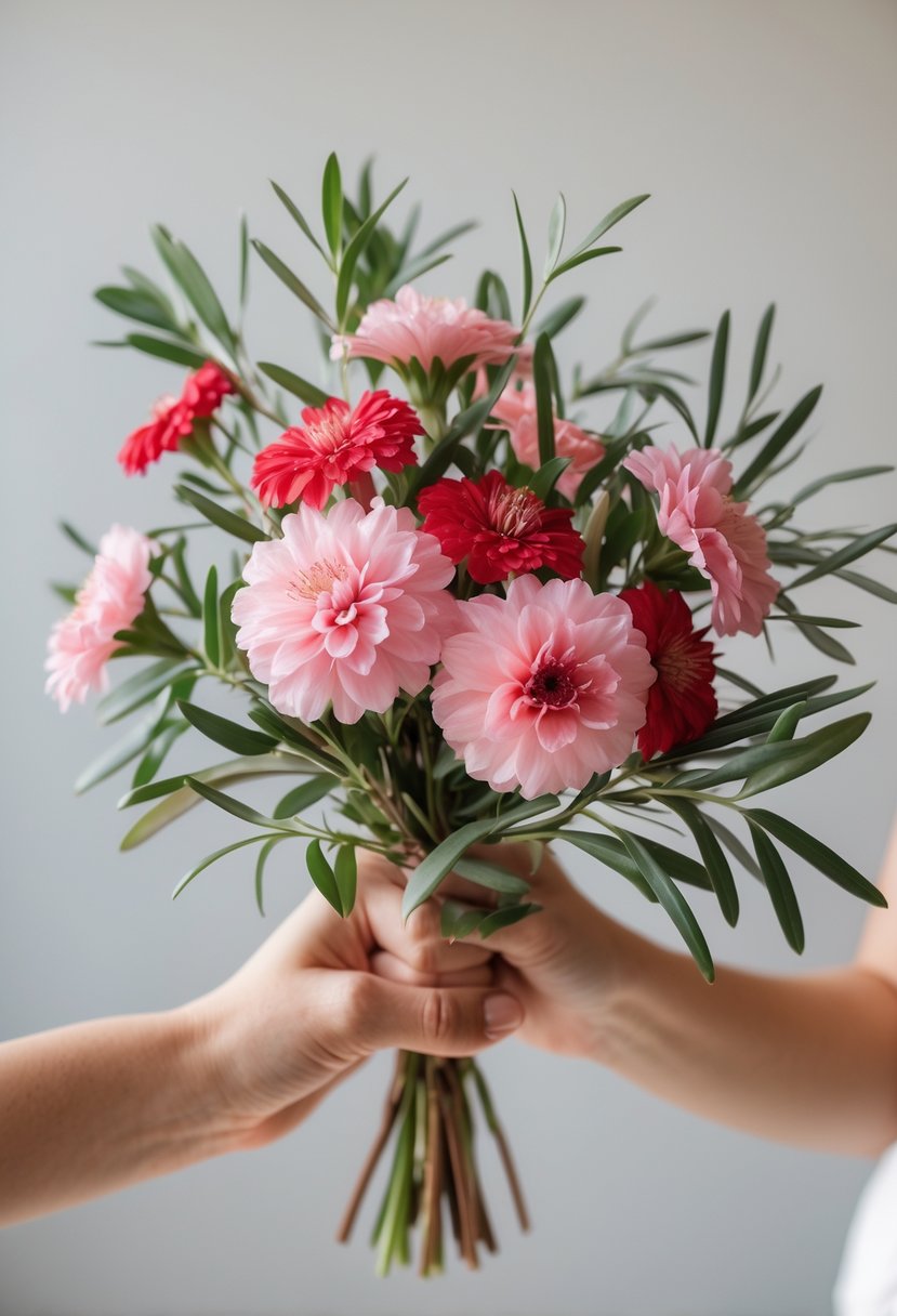 A small wedding bouquet of pink and red Sweet William flowers with olive branches held in two hands.
