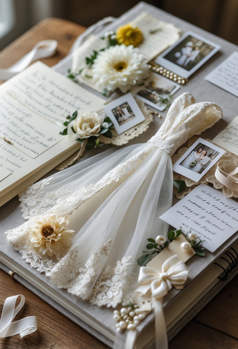 An open wedding scrapbook with pieces of wedding dress fabric, photos, and handwritten notes arranged on its pages.