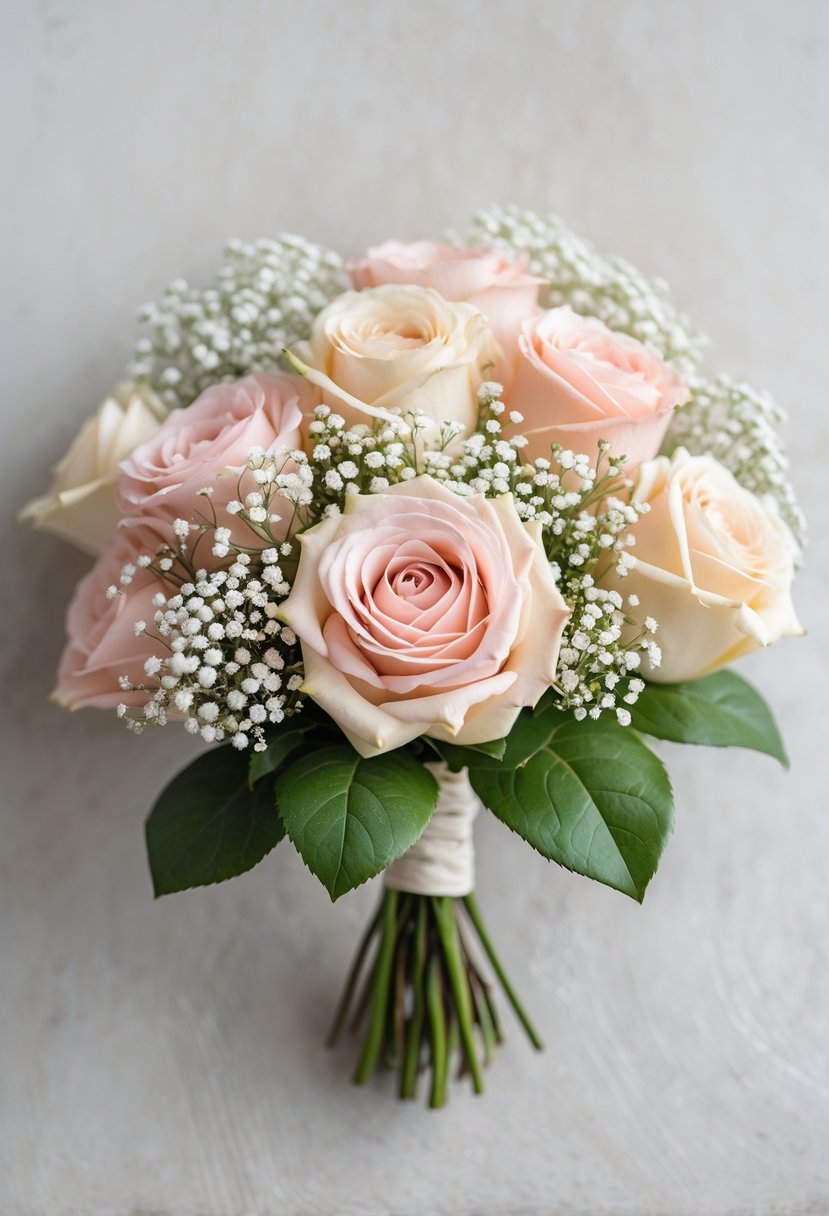 A small bouquet of pale pink and peach garden roses with white baby's breath flowers on a light background.