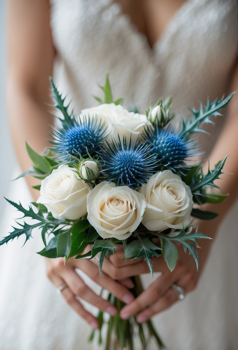 A small wedding bouquet with blue thistle and white roses held against a neutral background.