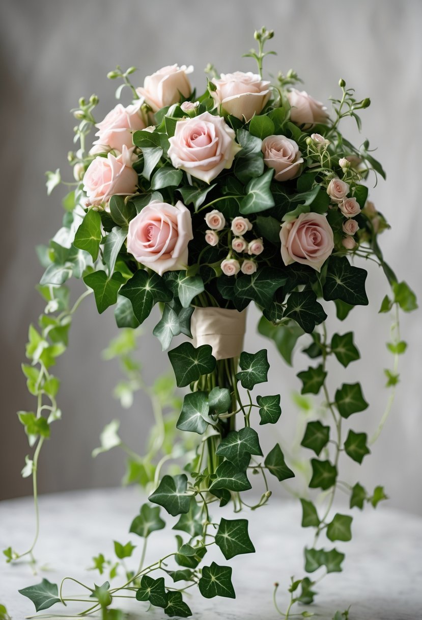 A small wedding bouquet with cascading green ivy and small pink and white roses.