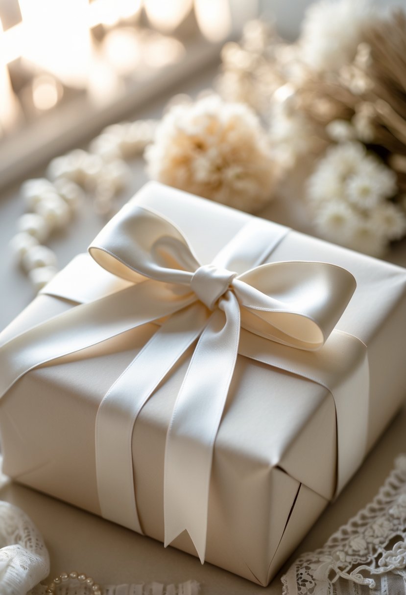 Close-up of a gift box wrapped with a satin ribbon made from wedding dress fabric, surrounded by delicate wedding keepsake items.