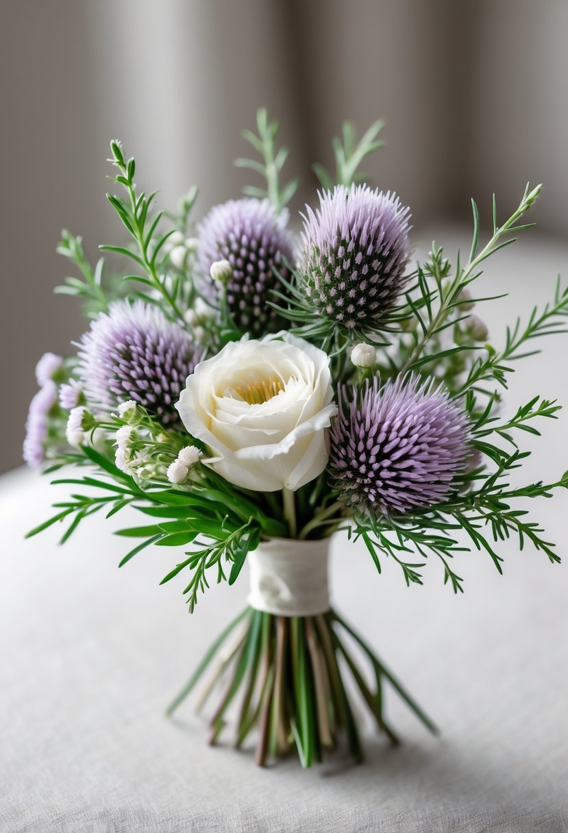 A small wedding bouquet made of purple heather flowers and white thistle with green leaves on a light surface.