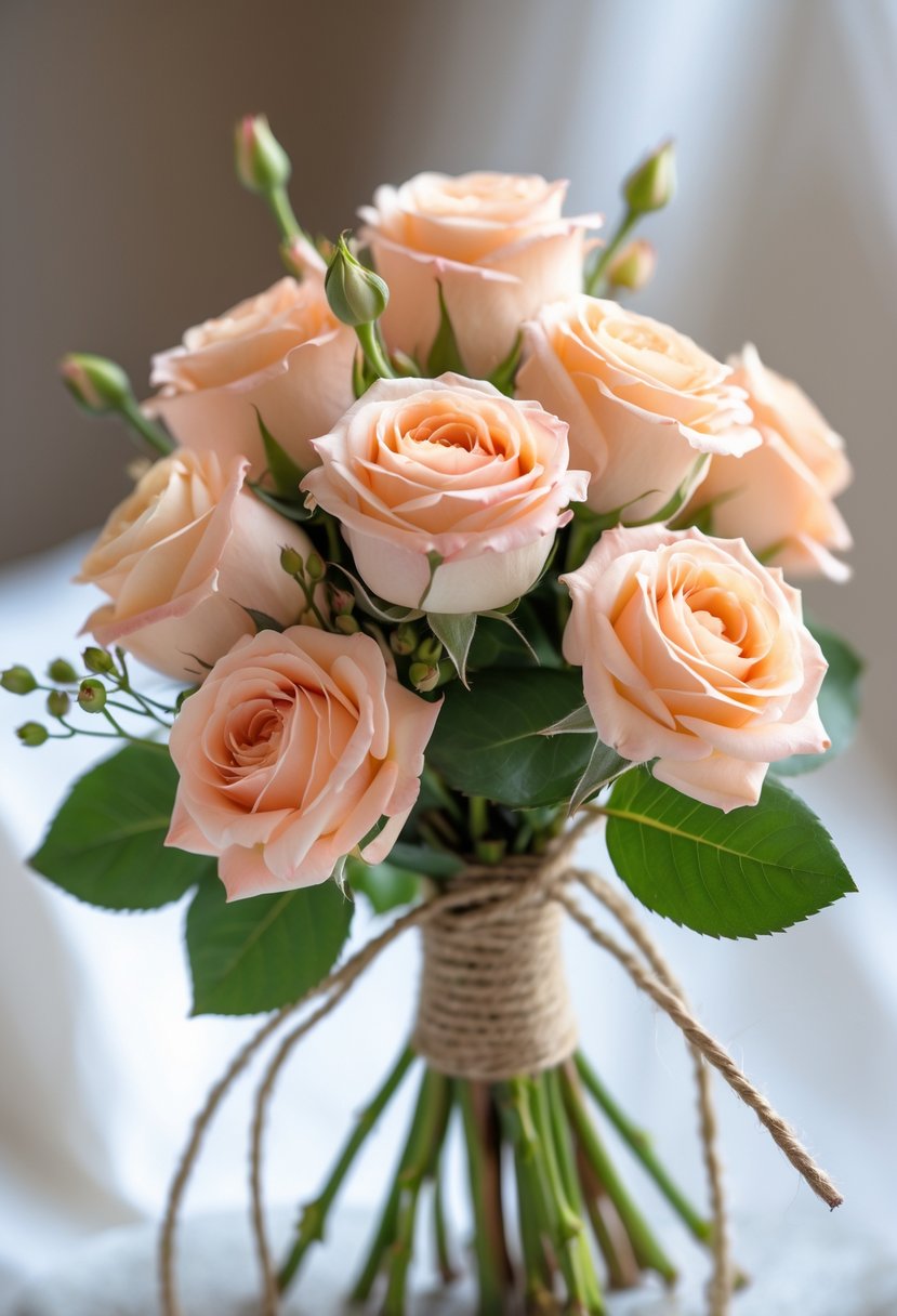 A small bouquet of peach spray roses tied with natural twine.