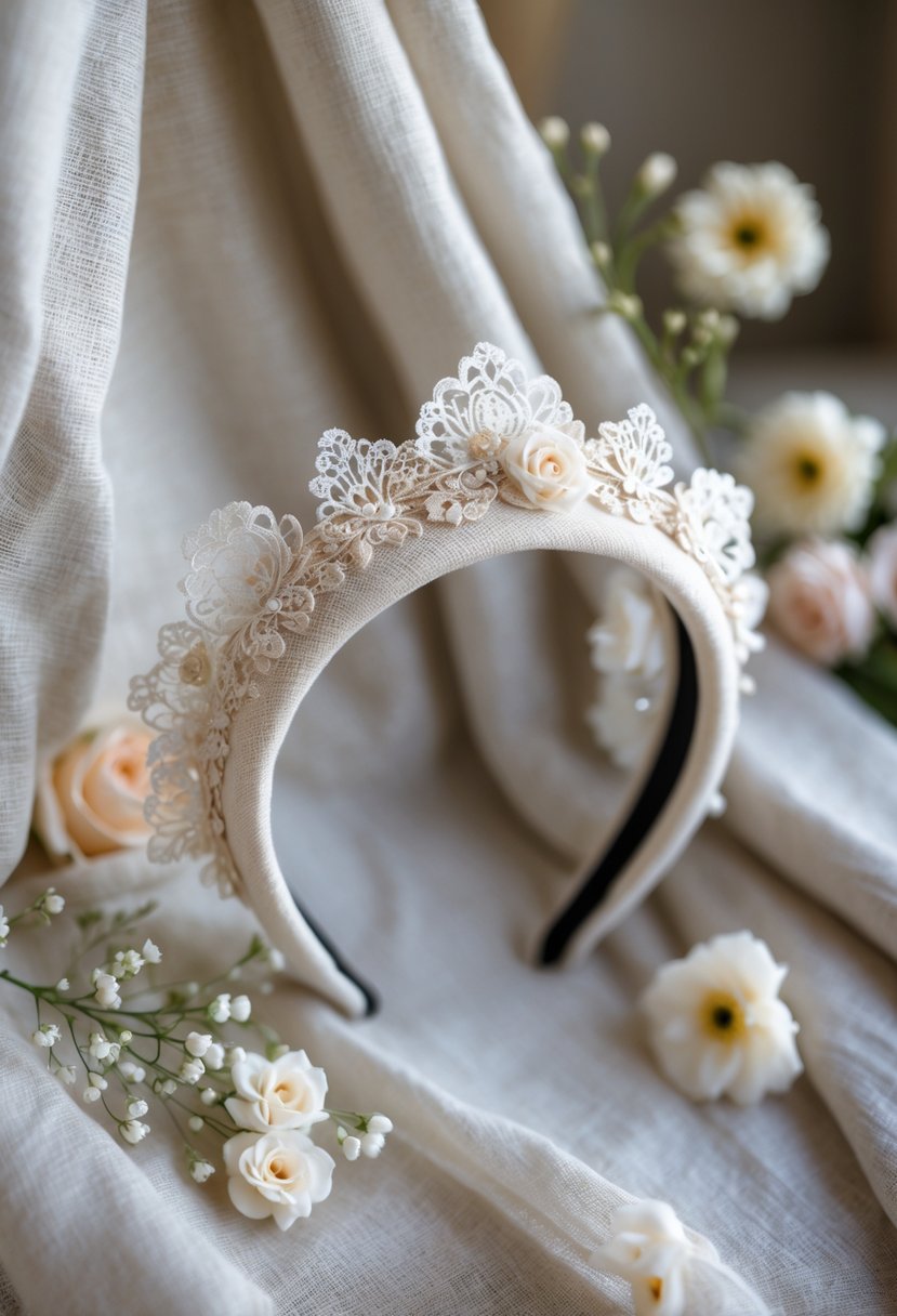 A custom lace-accented headband displayed on soft fabric with wedding dress fabric and small flowers around it.