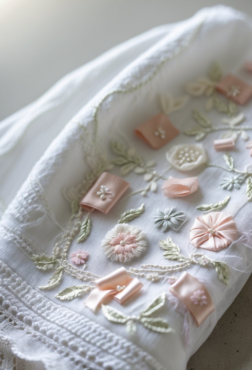 Close-up of an embroidered white hand towel decorated with small fabric pieces from a wedding dress.