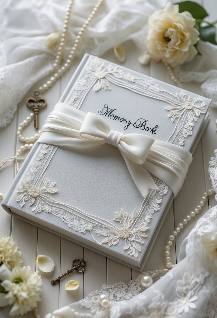 A memory book wrapped in white wedding dress fabric with lace, placed on a wooden surface with wedding keepsake items nearby.