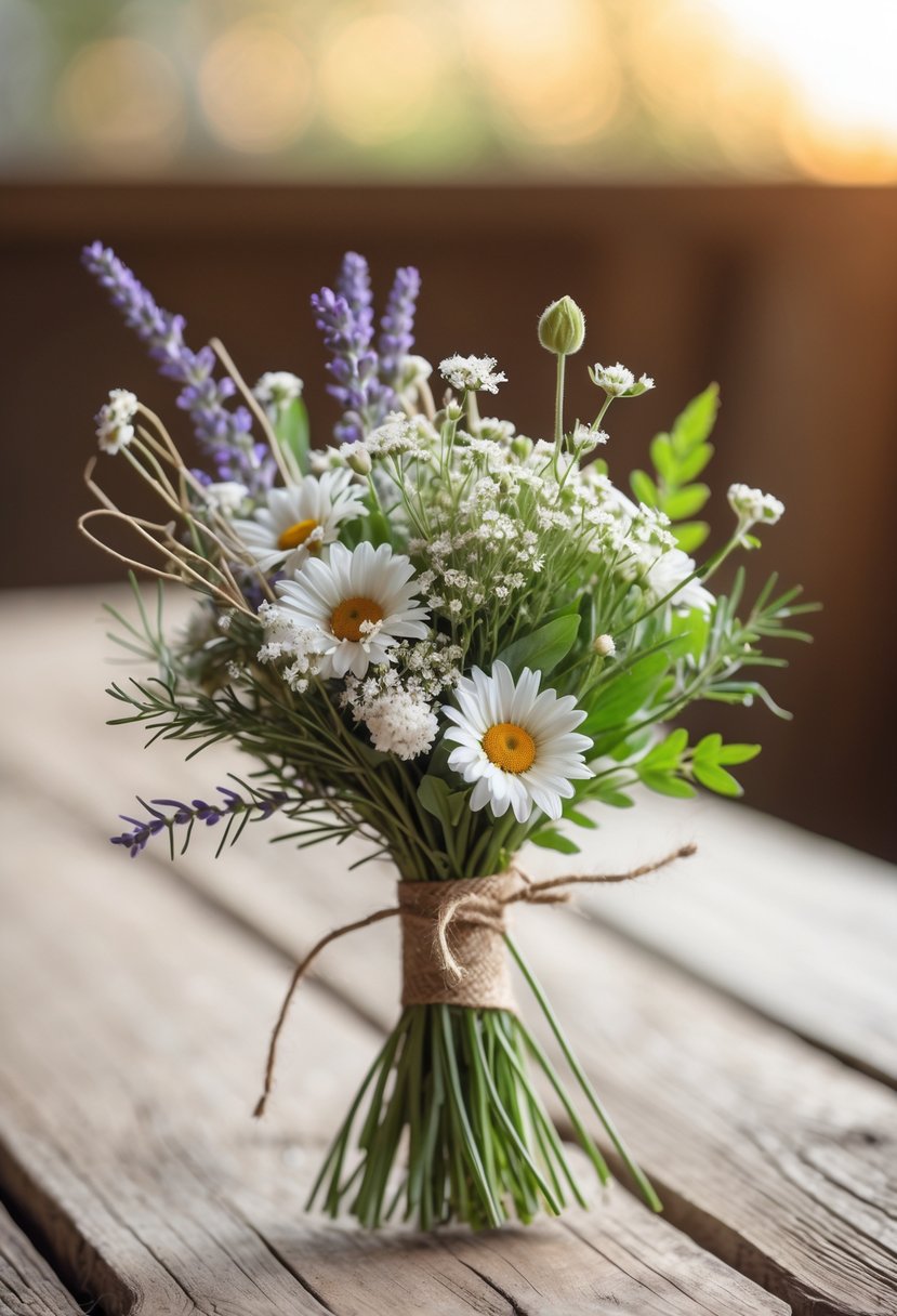 A small wedding bouquet of wildflowers tied with twine resting on a wooden table.