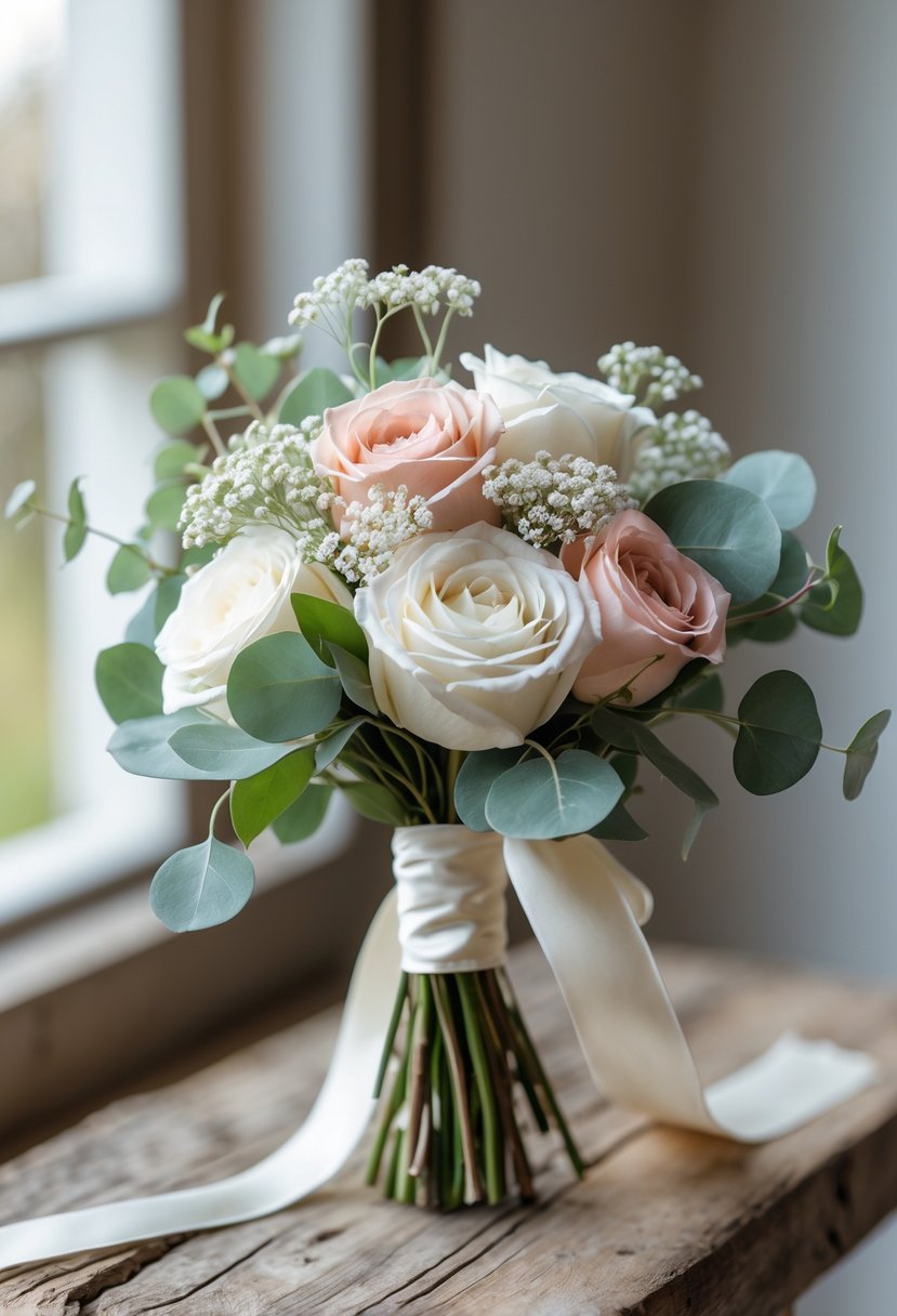 A small simple wedding bouquet with white and blush pink roses, eucalyptus leaves, and baby's breath on a wooden table.