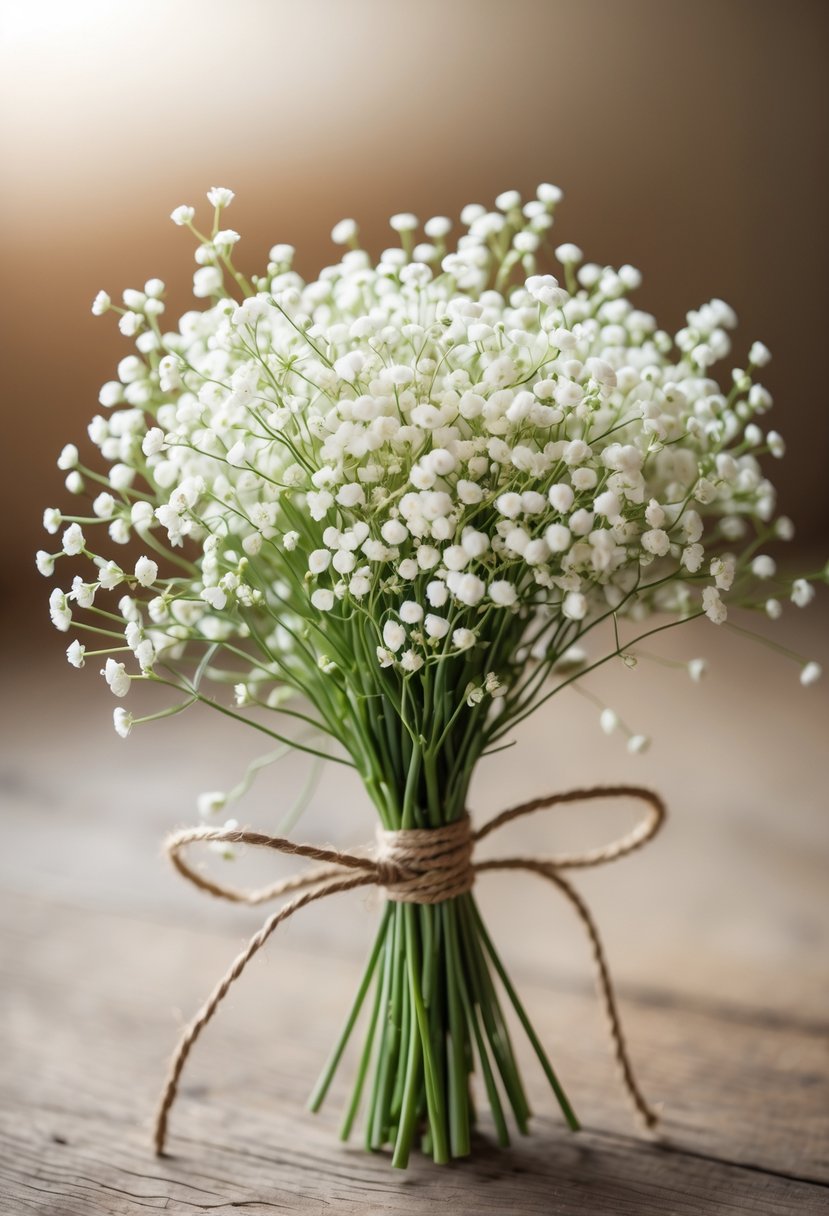 A small bouquet of white Baby's Breath flowers tied with rustic twine on a blurred neutral background.