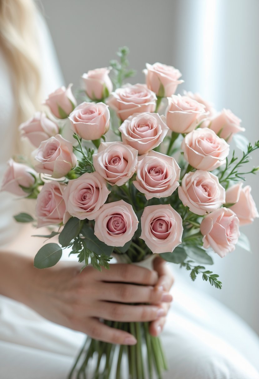A small bouquet of soft pink roses with delicate greenery.