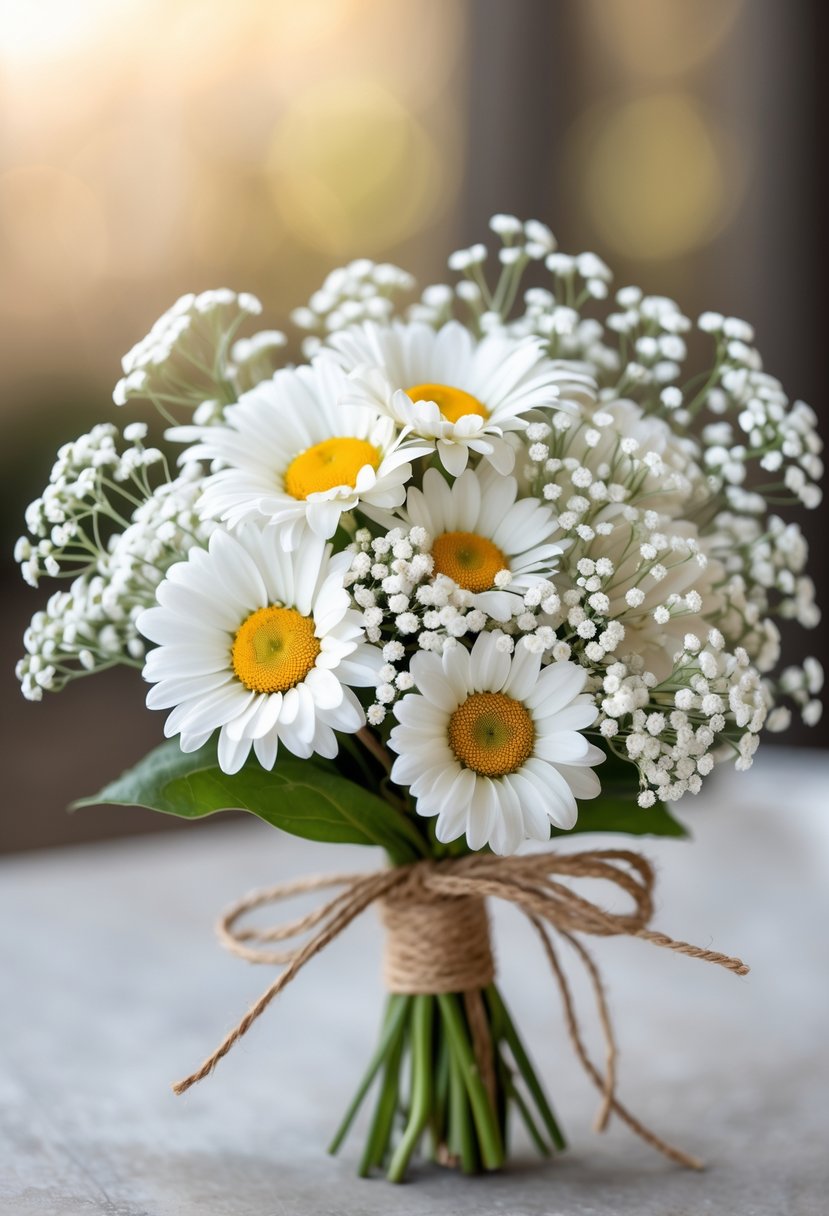 A small bouquet of white daisies and baby's breath flowers tied with rustic twine.