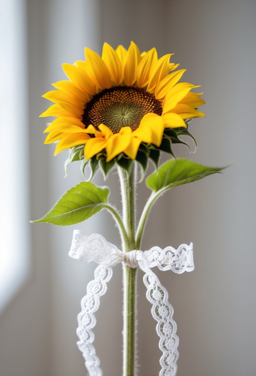 A single sunflower stem tied with white lace ribbon against a soft neutral background.