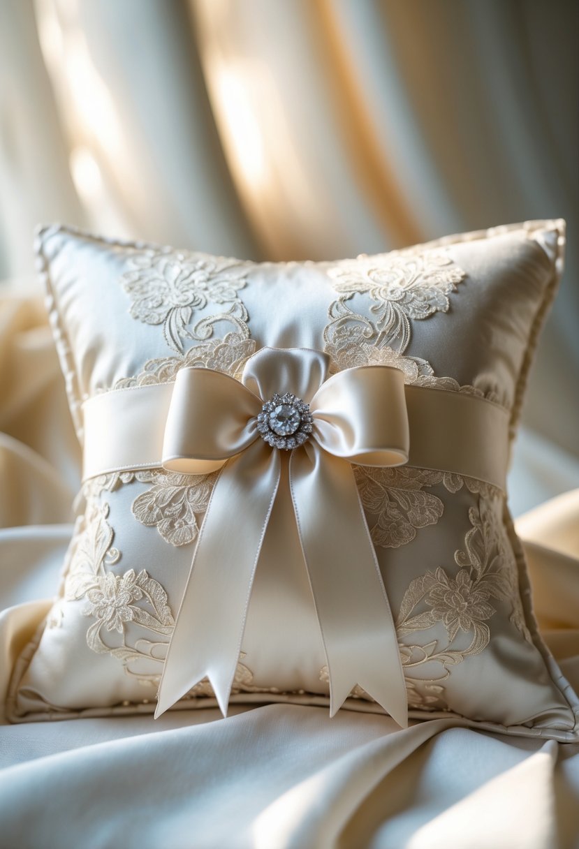 A square ivory ring bearer pillow made from wedding dress fabric with lace and embroidery, holding two wedding rings tied with a satin ribbon.