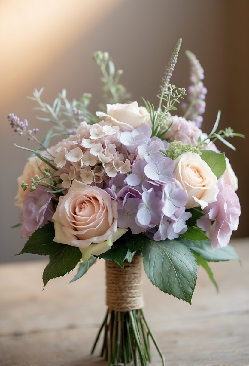 A small wedding bouquet of pastel hydrangeas and roses with green leaves, wrapped in twine.