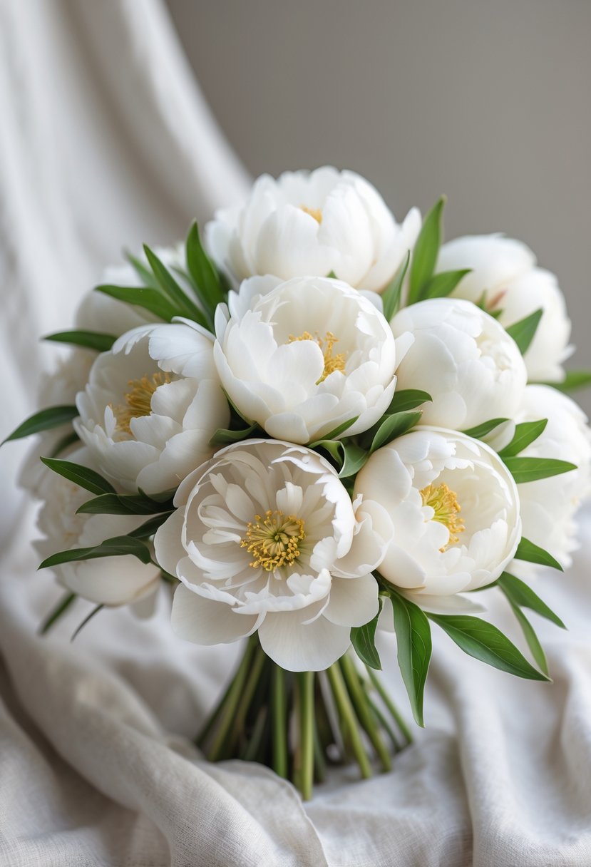 A small cluster of white peony flowers arranged as a simple wedding bouquet on a light background.