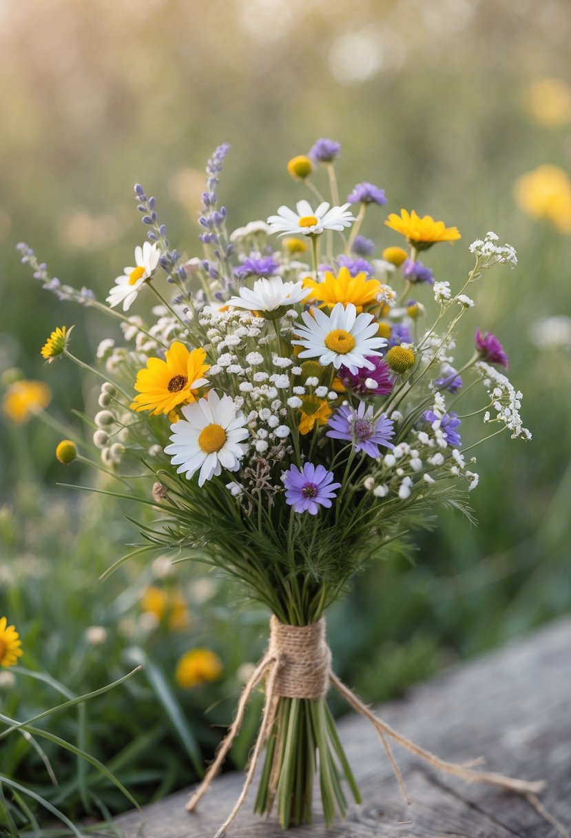 A small rustic wedding bouquet made of colorful wildflowers tied with twine, resting on a soft blurred natural background.