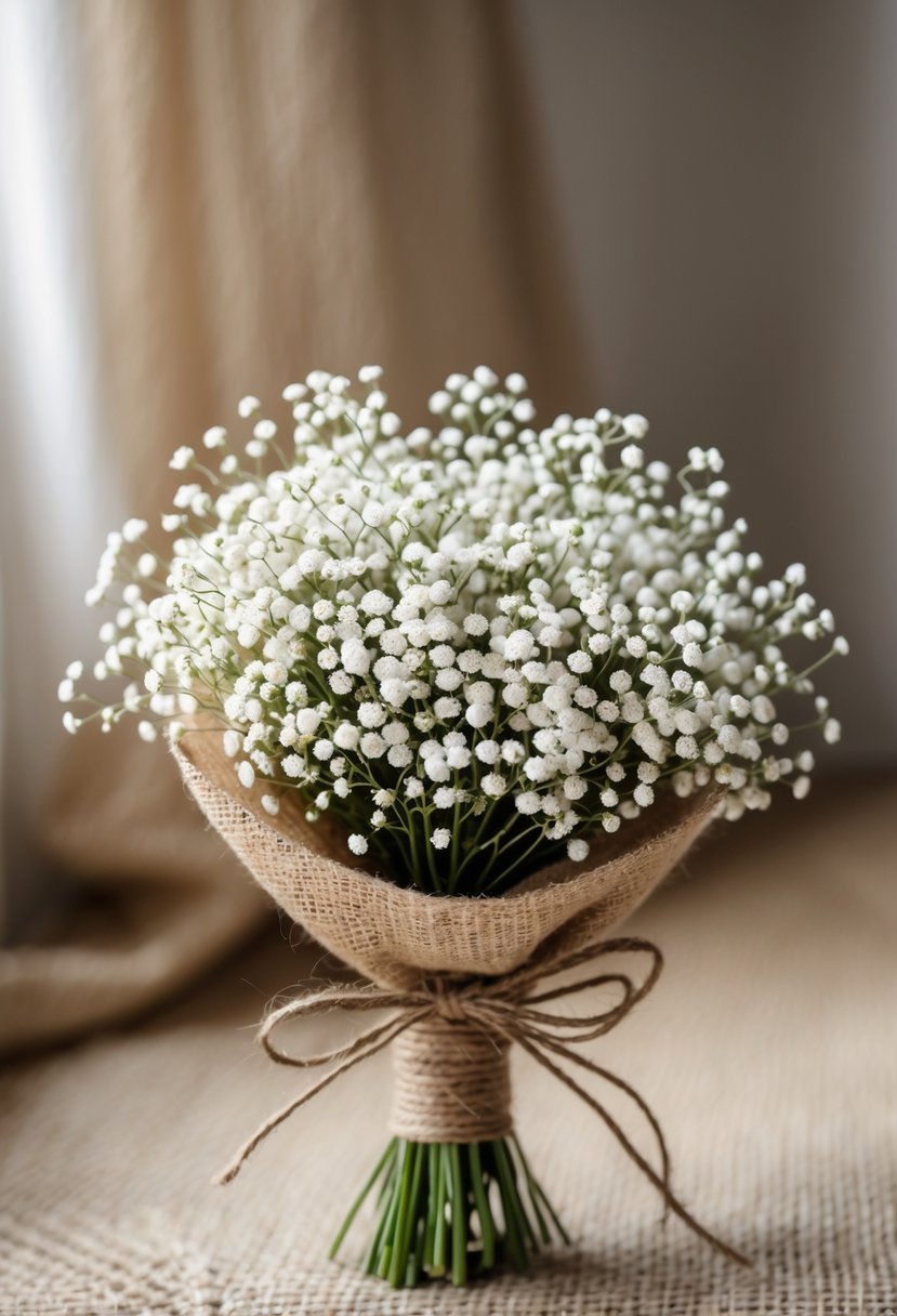 A small bouquet of white baby's breath flowers wrapped in burlap and tied with twine.